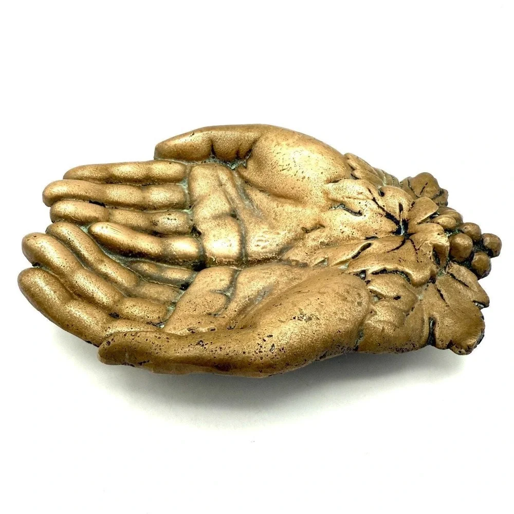 Bronzed Cast Iron Cupped Hands Dish w/ Grapes & Leaves 7